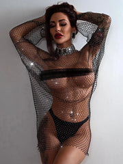 TARUXY Rhinestone Mesh Mini Dress Women Summer Open Back Slit Long Dresses Ladies Beach Babes See Through Sexy Fishnet Skirt