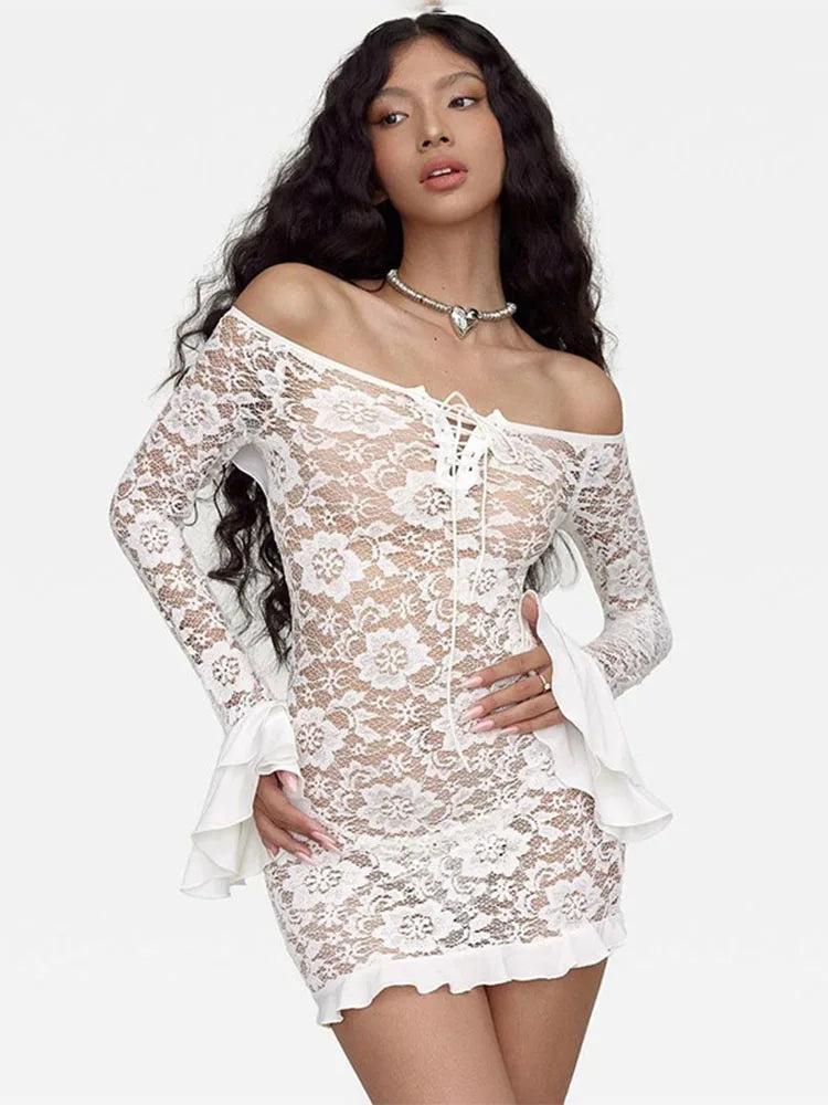 TARUXY Ruffle Lace Dress For Women Off Shoulder Bandage See Through Mini Dresses Girls Summer Beach Backless Holiday Dress Woman