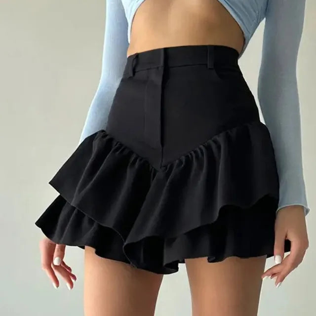 TARUXY Ruffles Slim Skirts Women 2024 Black Temperament High Waist Skirt Femme Street Casual Folds Splice Elegant Skirt Ladies