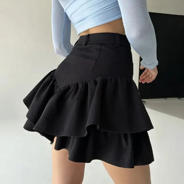 TARUXY Ruffles Slim Skirts Women 2024 Black Temperament High Waist Skirt Femme Street Casual Folds Splice Elegant Skirt Ladies