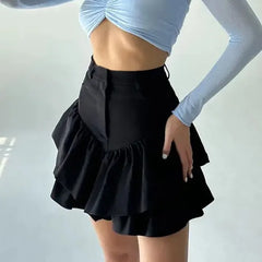 TARUXY Ruffles Slim Skirts Women 2024 Black Temperament High Waist Skirt Femme Street Casual Folds Splice Elegant Skirt Ladies