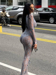 TARUXY See Through Mesh Sexy Jumpsuit Women Bow Splice Long Sleeve Bodycon One Piece Hot Girl Party Sexy Club Overalls For Woman