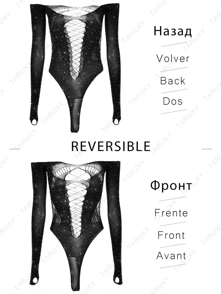 TARUXY See Through Sparkly Mesh Bodysuit Women Long Sleeve Rhinestone Body Tops Hot Drill Female Party Nightclub Sexy Lingerie