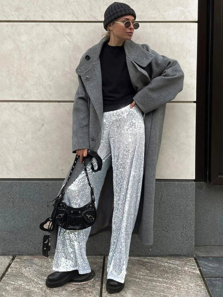 TARUXY Sequins High Waist Pants Women Summer Casual Loose Streetwear Women’s Bottoms Luxury Party Outfit Sparkle Pant Ladies New