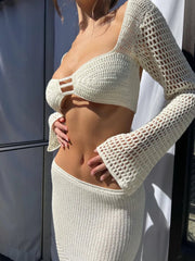 TARUXY Sexy Crochet Two Piece Set Women Beach Outfits Knit Hollow Out Crop Top Bodycon Long Skirt Sets 2023 Vacation Dress Set