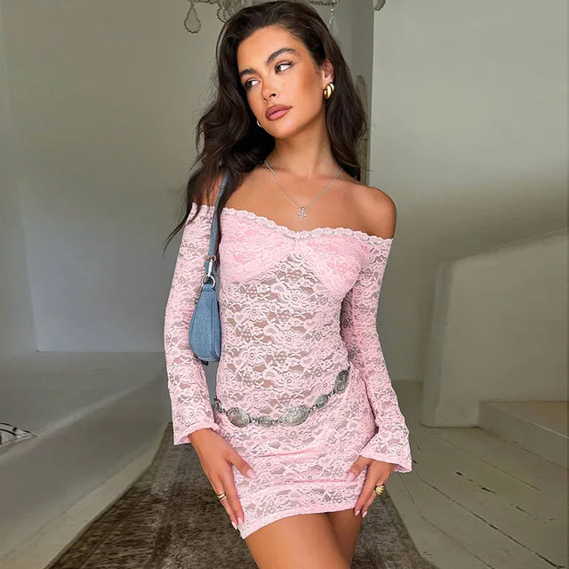 TARUXY Sexy Off Shoulder See-Through Lace Dress For Women Long Sleeve Elegant Slim Solid Splice Beach Evening Mini Dress Female