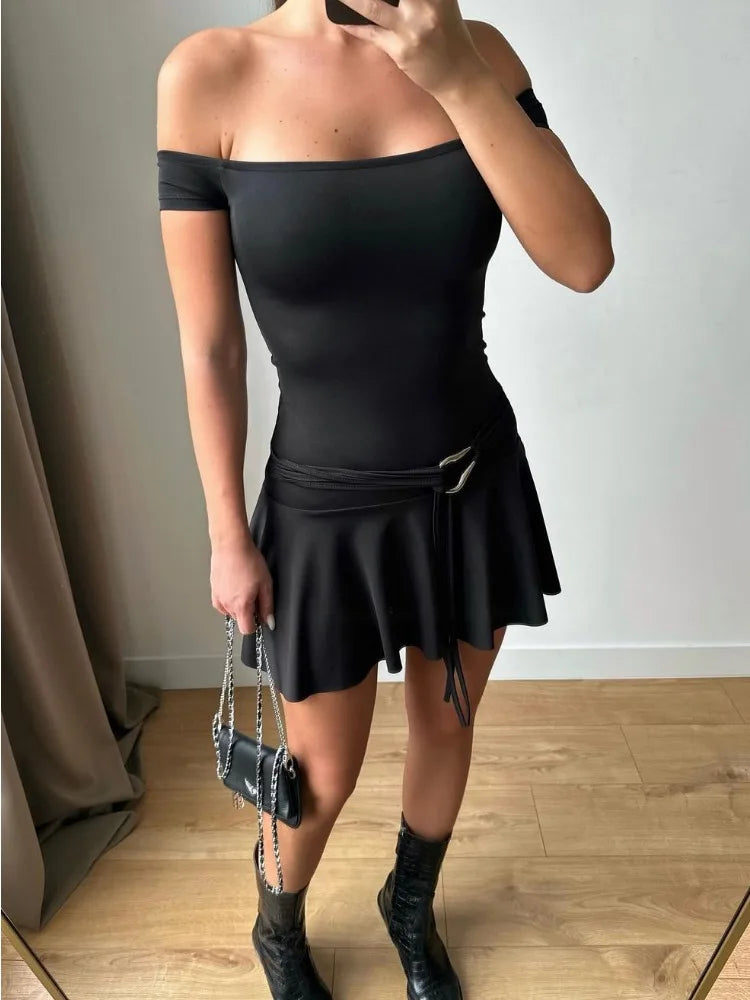 TARUXY Sexy Off Shoulder Sleeveless Strapless Mini Dress For Women Splice Flounced Edge Slim With Belt Club Party Dresses Female