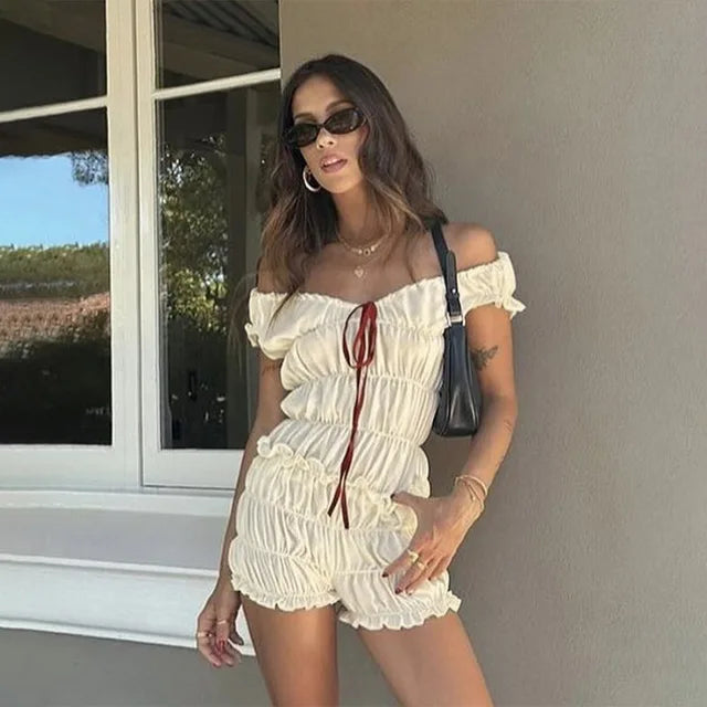 TARUXY Short 2 Piece Sets Womens Outfits 2024 Ruffle Lace Up Crop Top Woman Slim Shorts Sets For Women Holiday Beach Short Suits