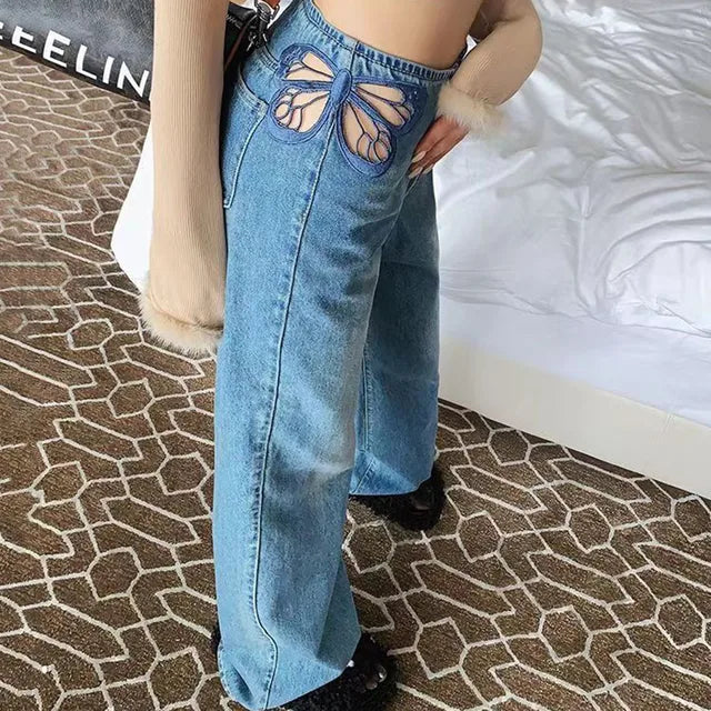 TARUXY Side Butterfly Jeans Women Sexy Hollow Embroidery Long Pants Women’s All Match Casual Denim Pant Female 2023 Summer