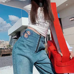 TARUXY Side Butterfly Jeans Women Sexy Hollow Embroidery Long Pants Women’s All Match Casual Denim Pant Female 2023 Summer