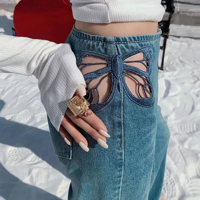 TARUXY Side Butterfly Jeans Women Sexy Hollow Embroidery Long Pants Women’s All Match Casual Denim Pant Female 2023 Summer