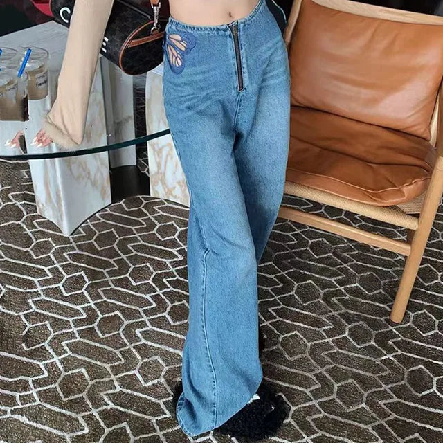 TARUXY Side Butterfly Jeans Women Sexy Hollow Embroidery Long Pants Women’s All Match Casual Denim Pant Female 2023 Summer