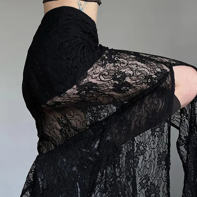 TARUXY Side Slit Lace Skirts For Women 2024 Summer New See Through High Waist Skirt Ladies Black Casual Loose Sexy Skirts Woman