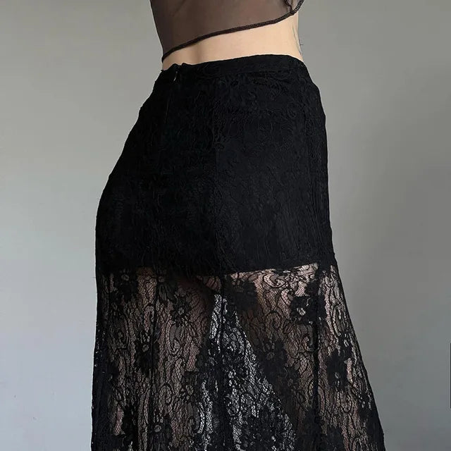 TARUXY Side Slit Lace Skirts For Women 2024 Summer New See Through High Waist Skirt Ladies Black Casual Loose Sexy Skirts Woman