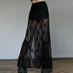 TARUXY Side Slit Lace Skirts For Women 2024 Summer New See Through High Waist Skirt Ladies Black Casual Loose Sexy Skirts Woman