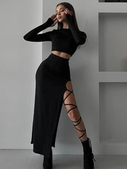 TARUXY Side Slits Lace Up Skirt Sets Sexy Slim Solid Bodycon Crop Tops Woman High Waist Maxi Skirts 2 Piece Suits Womens Outfits