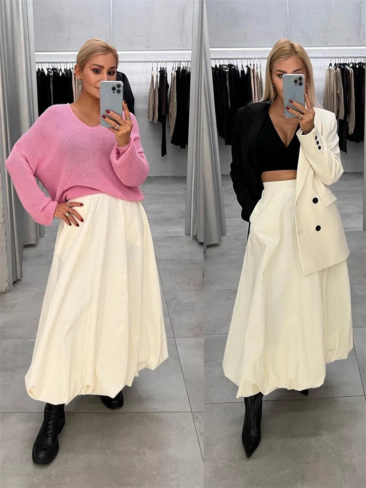 TARUXY Silk Satin White Maxi Skirt Long Ruffled Pleated Skirts Elegant Lantern Pants A-Line Silk Long Skirts For Women 2023 New