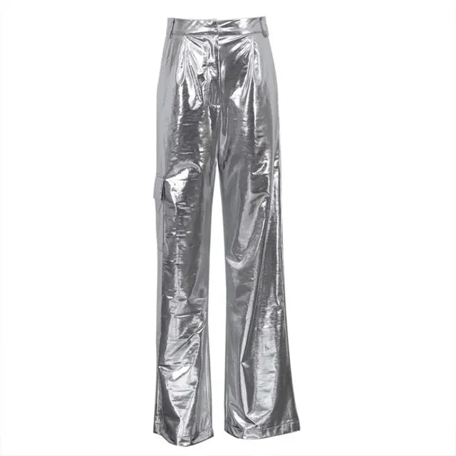 TARUXY Silver PU Pants For Women Winter High Waist Loose Party Shiny Pant Woman 2023 Fashion Club Streetwear Womens Bottoms New