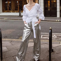 TARUXY Silver PU Pants For Women Winter High Waist Loose Party Shiny Pant Woman 2023 Fashion Club Streetwear Womens Bottoms New