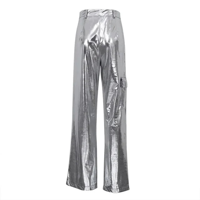 TARUXY Silver PU Pants For Women Winter High Waist Loose Party Shiny Pant Woman 2023 Fashion Club Streetwear Womens Bottoms New