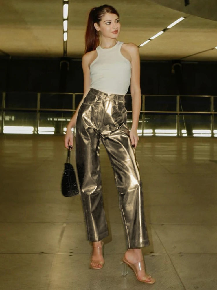 Silver PU Pants Women 2025 Fashion High Waist Loose Wide Leg Pants Girls Clubwear Party Streetwear Femme Long Pant Autumn