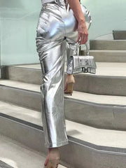 Silver PU Pants Women 2025 Fashion High Waist Loose Wide Leg Pants Girls Clubwear Party Streetwear Femme Long Pant Autumn