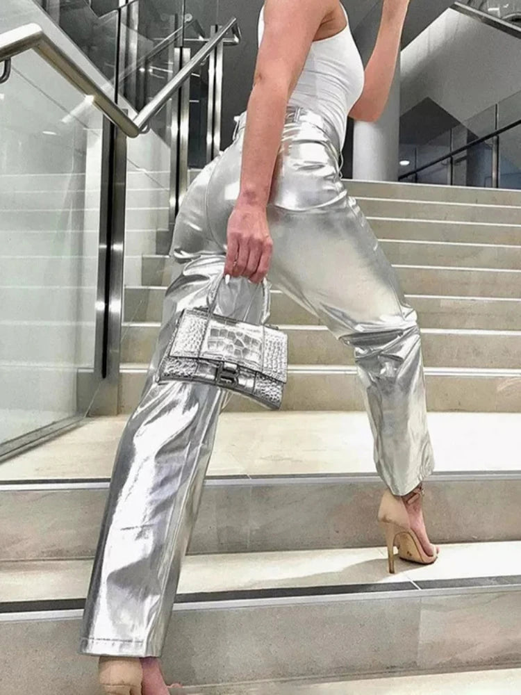 Silver PU Pants Women 2025 Fashion High Waist Loose Wide Leg Pants Girls Clubwear Party Streetwear Femme Long Pant Autumn