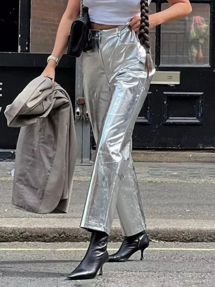 TARUXY Silver PU Pants Women 2023 Fashion High Waist Loose Wide Leg Pants Girls Clubwear Party Streetwear Femme Long Pant Autumn