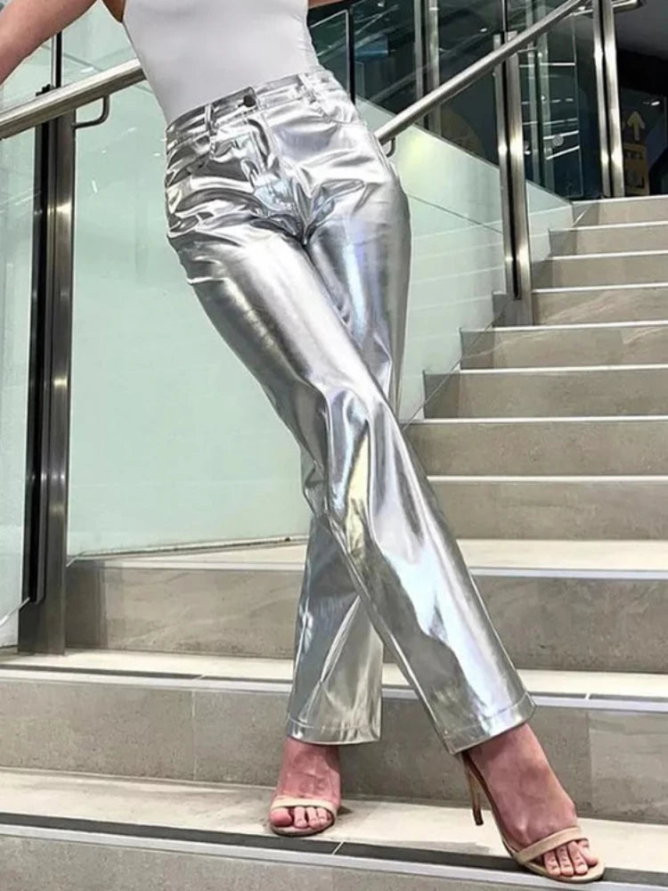 TARUXY Silver PU Pants Women 2023 Fashion High Waist Loose Wide Leg Pants Girls Clubwear Party Streetwear Femme Long Pant Autumn