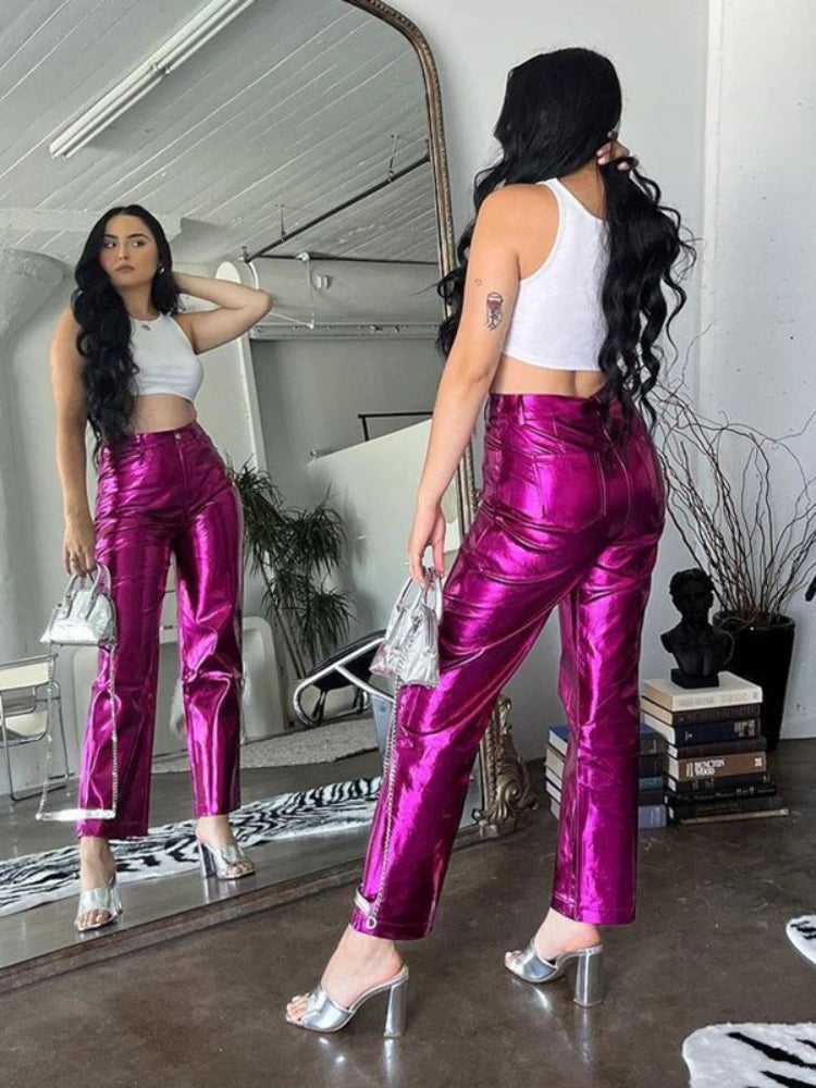 TARUXY Silver PU Women Pants Winter 2023 Slim High Waist Bodycon Long Pant Femme Party Fashion Street Trousers For Woman Bottoms