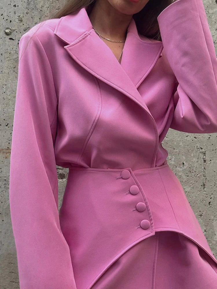 TARUXY Slim Long Blazer Suits For Women Fashion Pink High Waist Skirts Female Turn Collar Blazer 2 Piece Sets Womens Outfits New