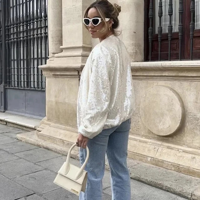 TARUXY Solid Sequin Jackets For Women Summer 2023 Zipper Cardigan Coat Woman Clothes Streetwear Casual Loose Jacket Femme