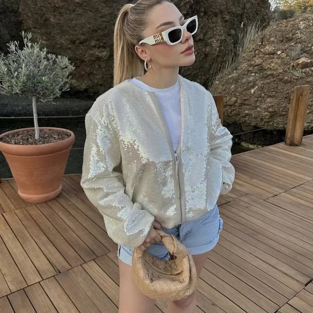 TARUXY Solid Sequin Jackets For Women Summer 2023 Zipper Cardigan Coat Woman Clothes Streetwear Casual Loose Jacket Femme