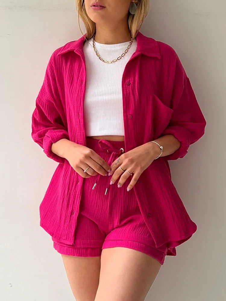 TARUXY Solid Short Sets Womens 2 Piece Lapel Long Sleeve Coat Ladies Lace Up Casual Beach Shorts Summer Clothing For Women