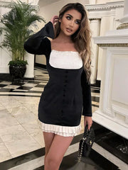 TARUXY Splice Folds Mini Dress Women Winter 2023 Long Sleeve Slim Sexy High Waist Dresses Femme Party Retro Elegant Dress Woman