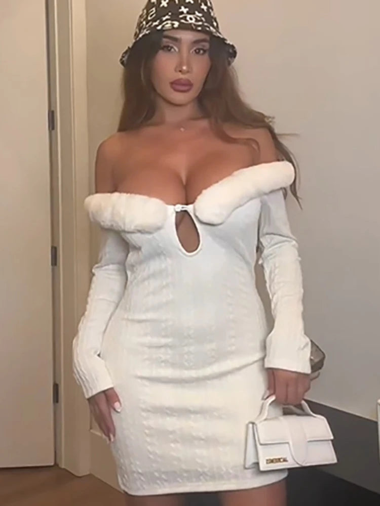 TARUXY Splice Fur Collar Mini Dress For Women Sexy Off Shoulder Slim Temperament Bodycon Dresses Femme Party Elegant Dress Woman