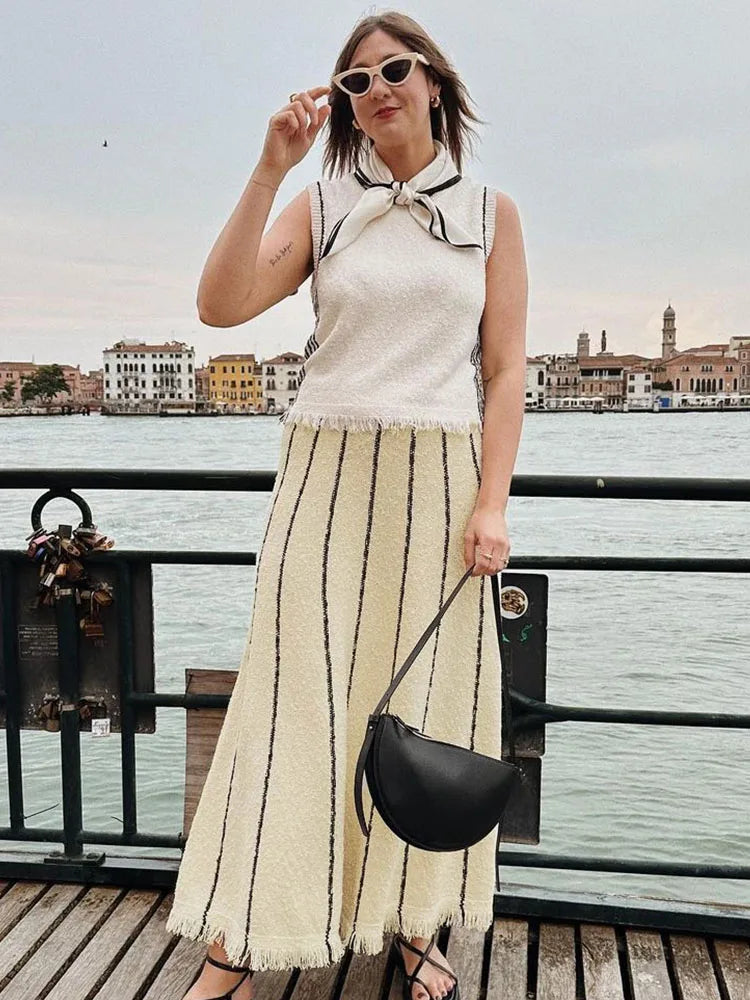 TARUXY Striped Knitted Long Skirt Women Summer Tassel High Waist Maxi Skirts Women’s Autumn Street Elegant Loose Skirts Female