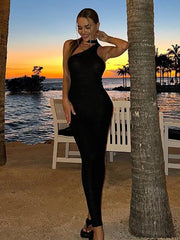 Summer Holiday Beach Dresses Women Black Knitted Sleeveless Bodycon Sexy Long Dresses Elegant Boho Party Vestidos 2025