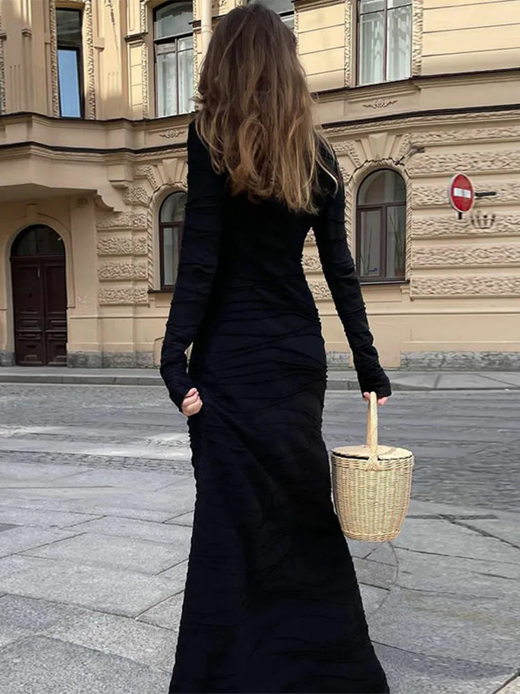 TARUXY Tierred Maxi Dresses For Women Autumn Slim High Waist Long Dress Women’s Party Temperament Solid Dress Woman Clothes 2023