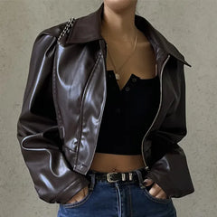 TARUXY Zipper Retro PU Jackets Women Winter Casual Solid Temperament Basic Coats Female 2023 Autumn Fashion Leather Jacket Woman