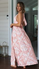 Toperth Printed Halter-Neck Pink Dress Split Dress