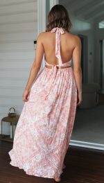 Toperth Printed Halter-Neck Pink Dress Split Dress