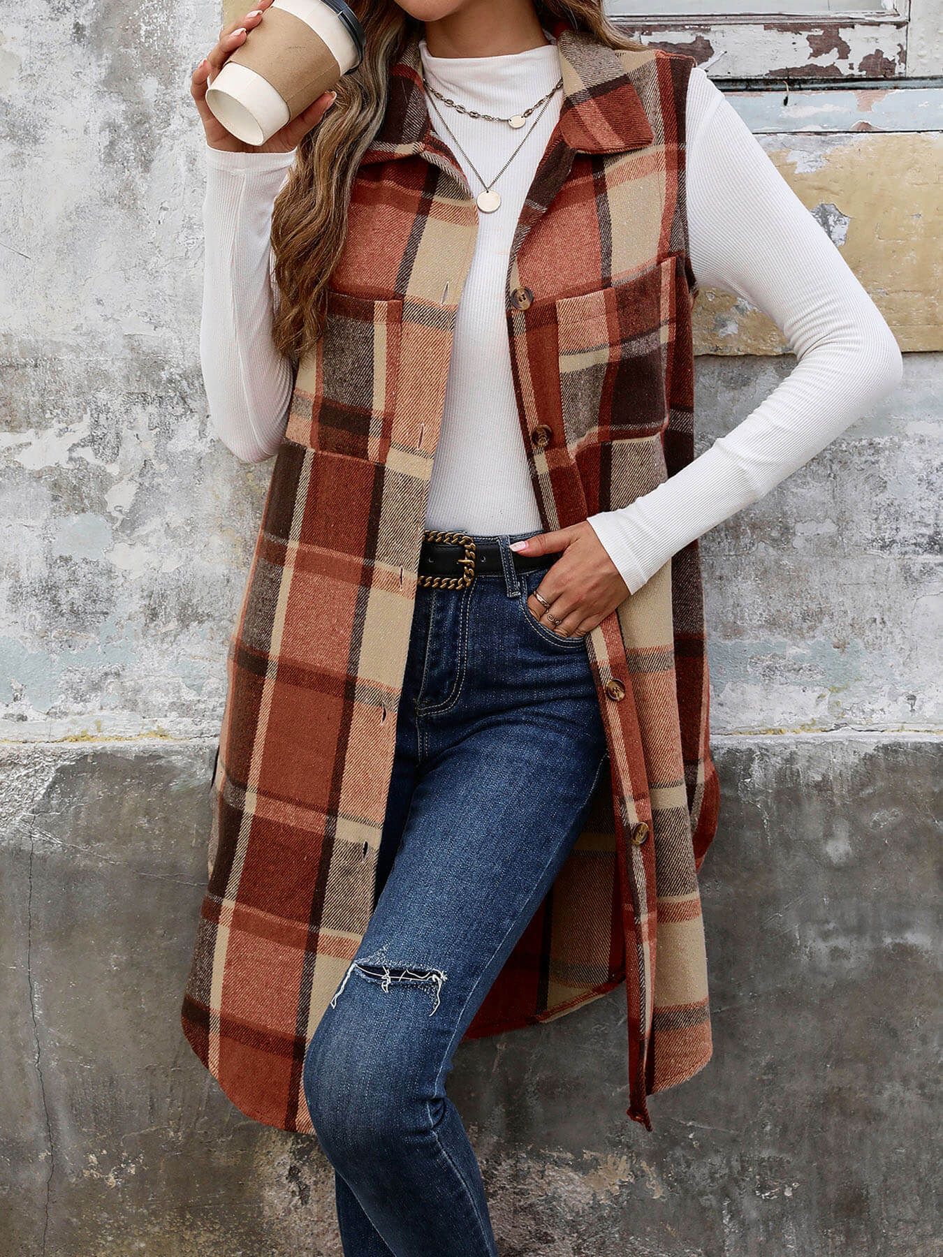 Mendocino Plaid Vest Coat - Coffee