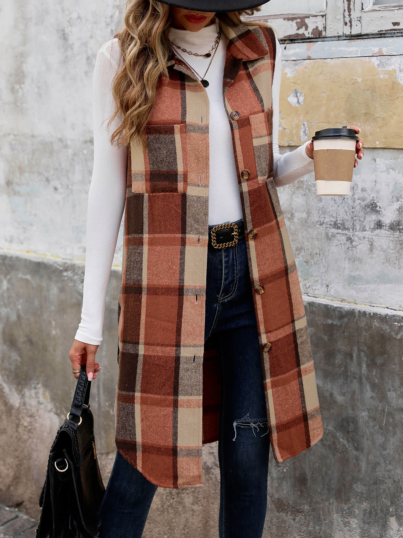 Mendocino Plaid Vest Coat - Coffee