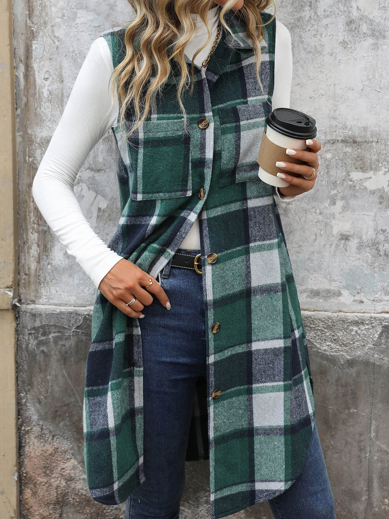 Mendocino Plaid Vest Coat - Green