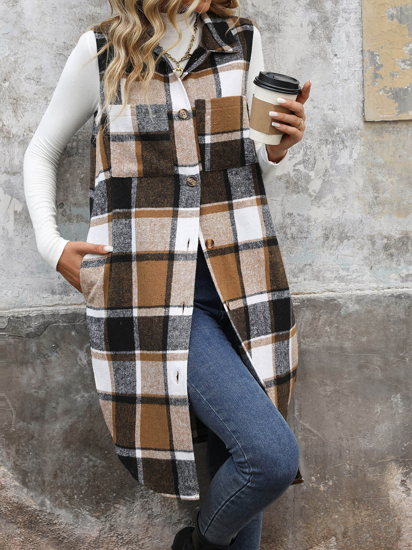 Mendocino Plaid Vest Coat - Khaki