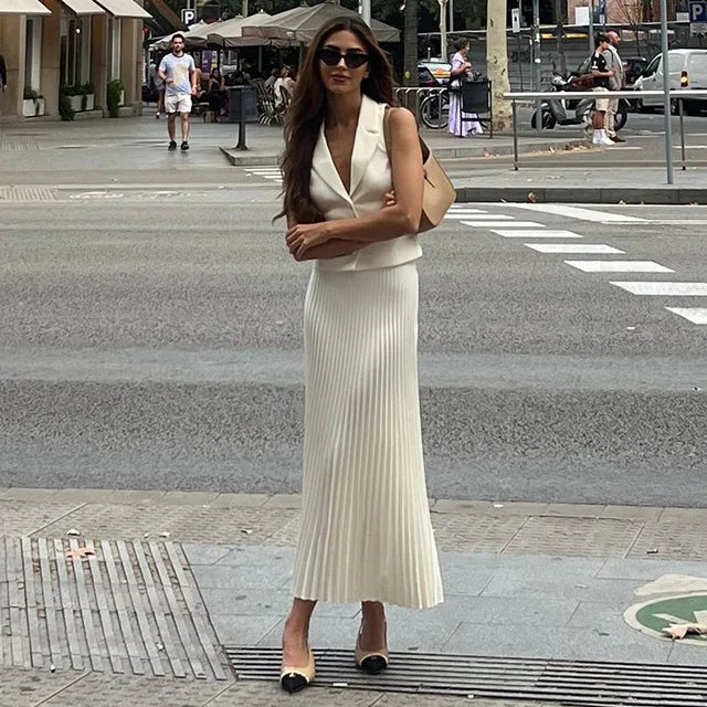 TRAUXY Summer New Pleated Skirt Suit For Women Slim Sleeveless Short Vest Top Solid Long Skirt High Waist Fashion Two Pieces Set