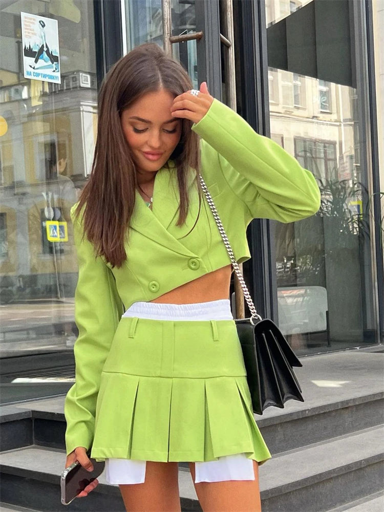 2025 Fall Women Blazer Suit Two Piece Sets Turn-down Collar Blazers Tops And Pleated Skirts Femme High Street Y2K Outfits