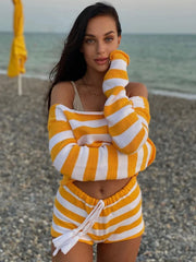 Autumn Knitted Shorts Set Two Piece Women Striped Long Sleeve Crop Tops And Mini Shorts Femme Y2K Party Outfits 2 Piece