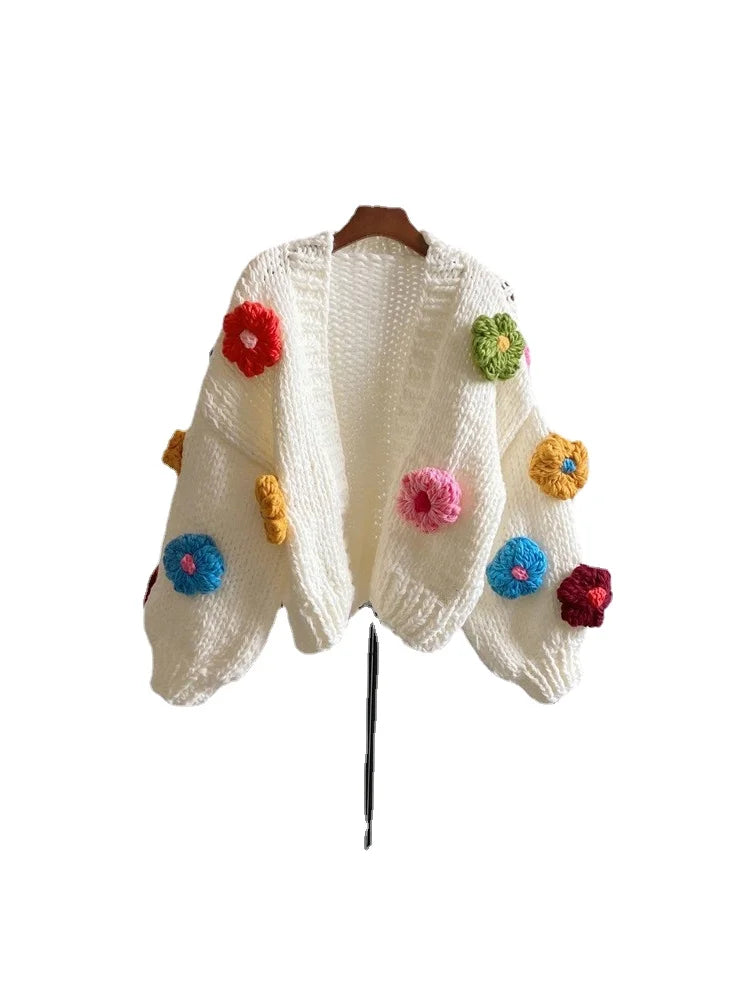 Taruxy Handmade Crochet Flower Cardigans Coats Women Sweater 2022 Autumn Lantern Sleeve Button High Street Sweet Tops Pull Mujer